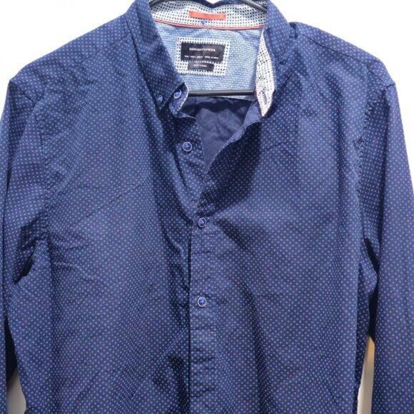 Denim & Flower By Ricky Singh Mens Slim Fit Navy Button-Down Shirt Size L Made I - Picture 2 of 13